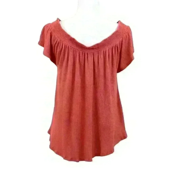 Cape Juby Orange Off Shoulder Blouse Short Sleeves Elastic Neckline Size Medium - Picture 3 of 7